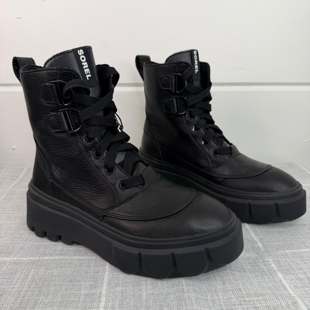 Sorel Womens 8 Caribou X Waterproof Leather Lace Up Boots Black Combat RARE HTF - Picture 2 of 12